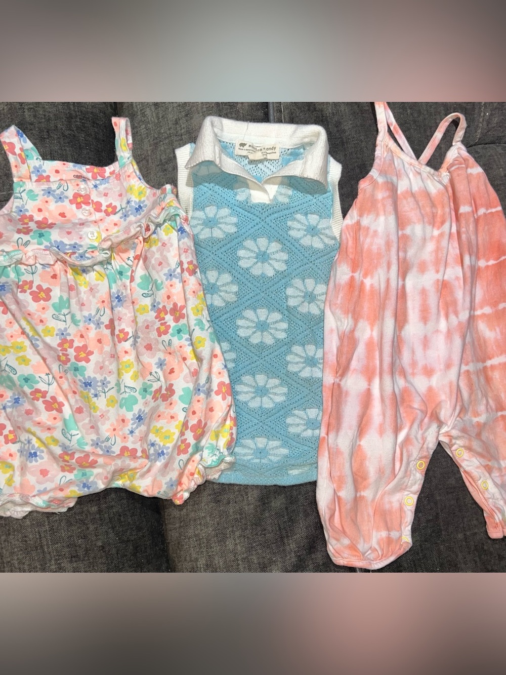 Girls' Light Blue Daisy Knit Dress, long pant romper and Spring Bottoms onsie -3